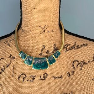 Vintage gold plated with enamel blue and purple design focal piece 16”